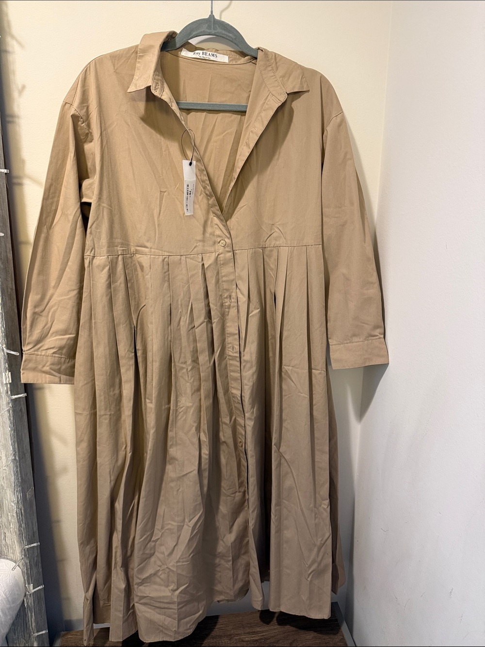 Light Brown Pleated Maxi Shirt Dress - Unbranded